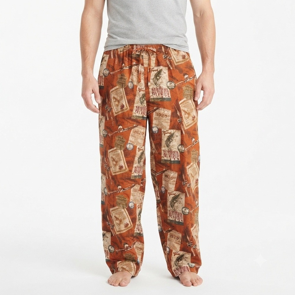 North River Outfitters Mens XXL Flannel Lounge Pants Fishing Bass Print Orange